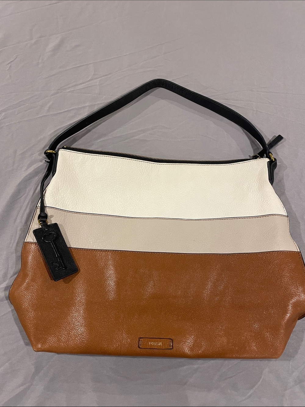 Fossil Tri-Tone Leather Shoulder Bag in White, Taupe & Brown